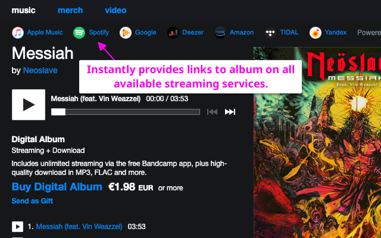 Dark Bandcamp album page showing links to Spotify, Apple Music, and other streaming services.