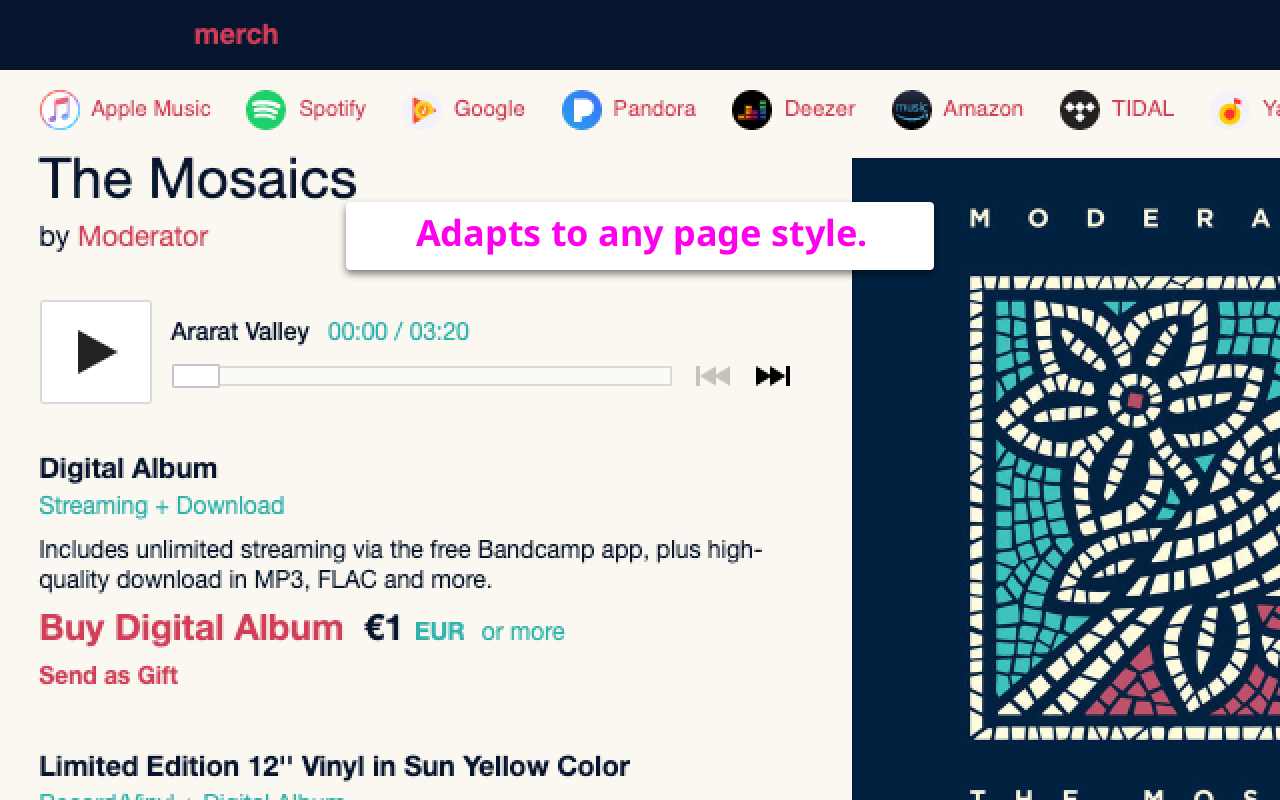 Light Bandcamp album page with streaming service links integrated into the page design.