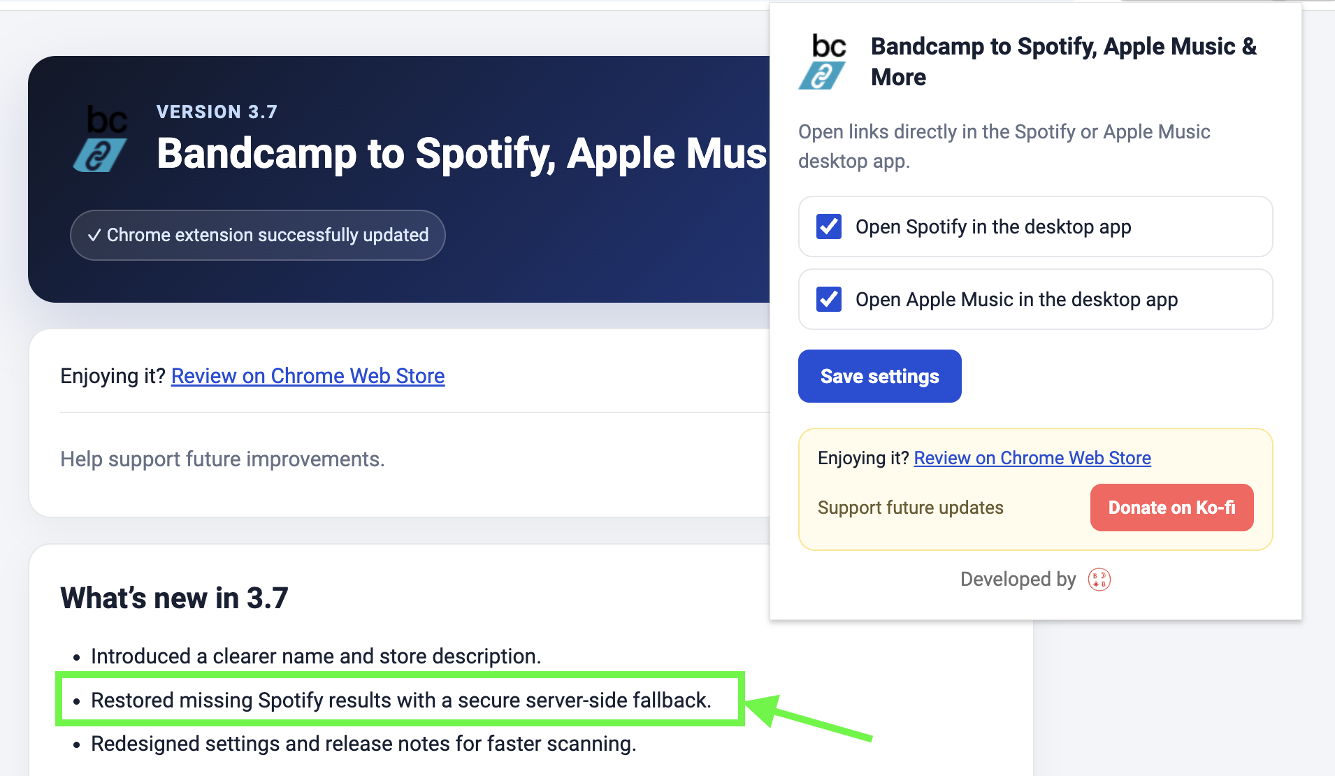 Extension settings for opening Spotify and Apple Music links in the web or desktop apps.