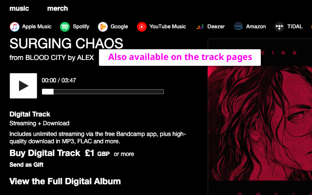 Bandcamp track page with direct links to the track on streaming services.