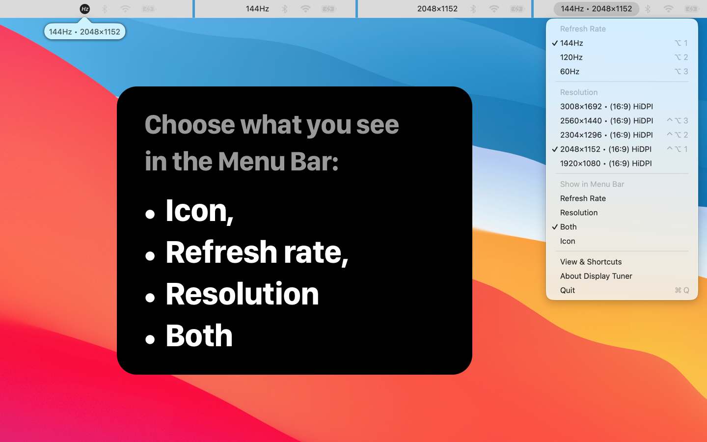 Display Tuner Menu Bar overview