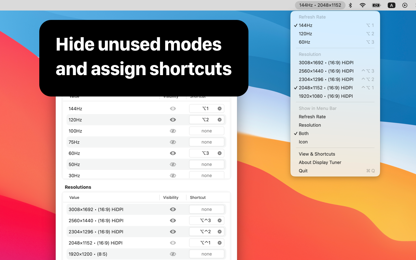 Display Tuner main menu