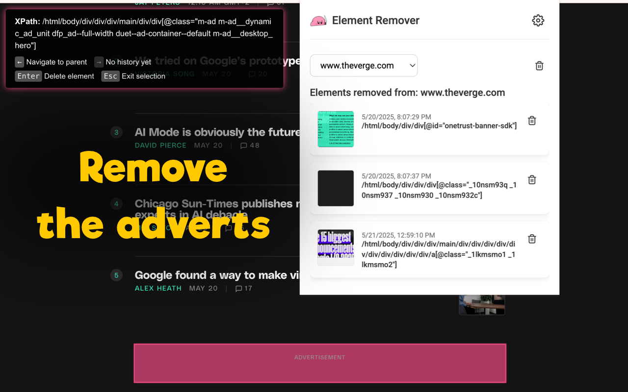 Element Remover selecting an advertisement on The Verge with the saved removal history open.