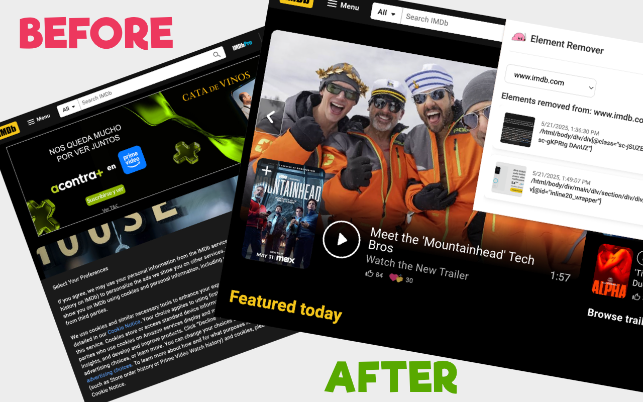 Before and after comparison of cluttered and cleaned IMDb pages using Element Remover.