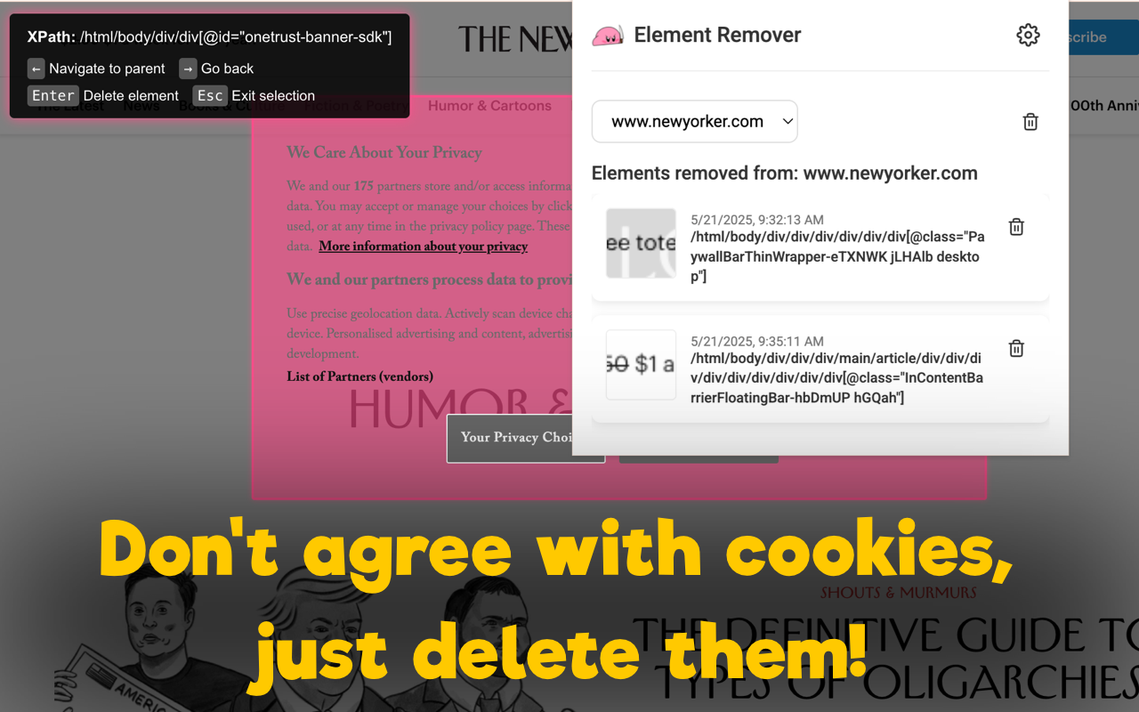 Element Remover selecting a cookie consent banner on The New Yorker with saved rules visible.