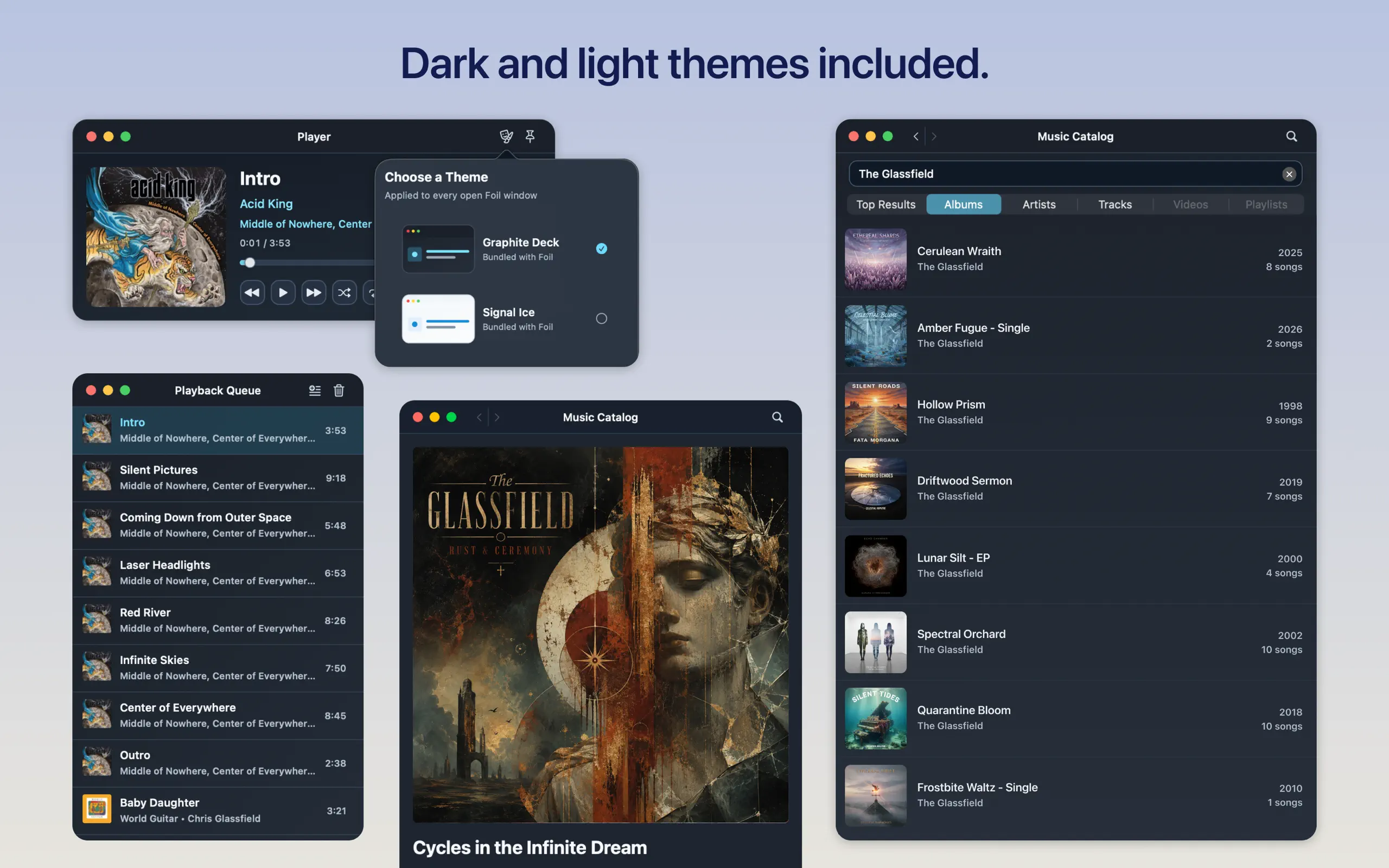 Foil Player, Playback Queue, and Music Catalog windows using the dark appearance