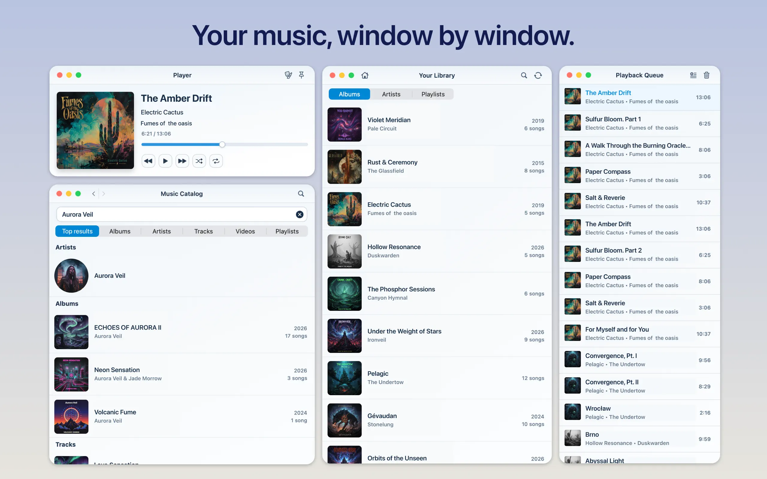 Foil Player, Music Catalog, Your Library, and Playback Queue windows arranged together on macOS
