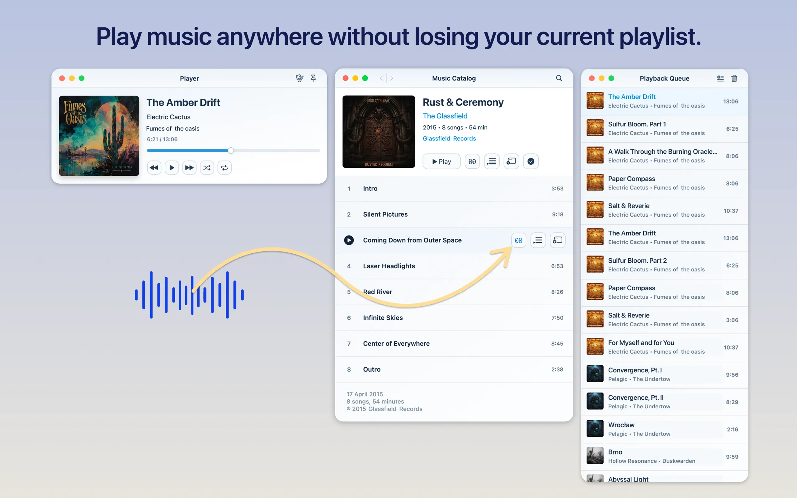 Foil playing music from a catalog window while preserving the existing playback queue
