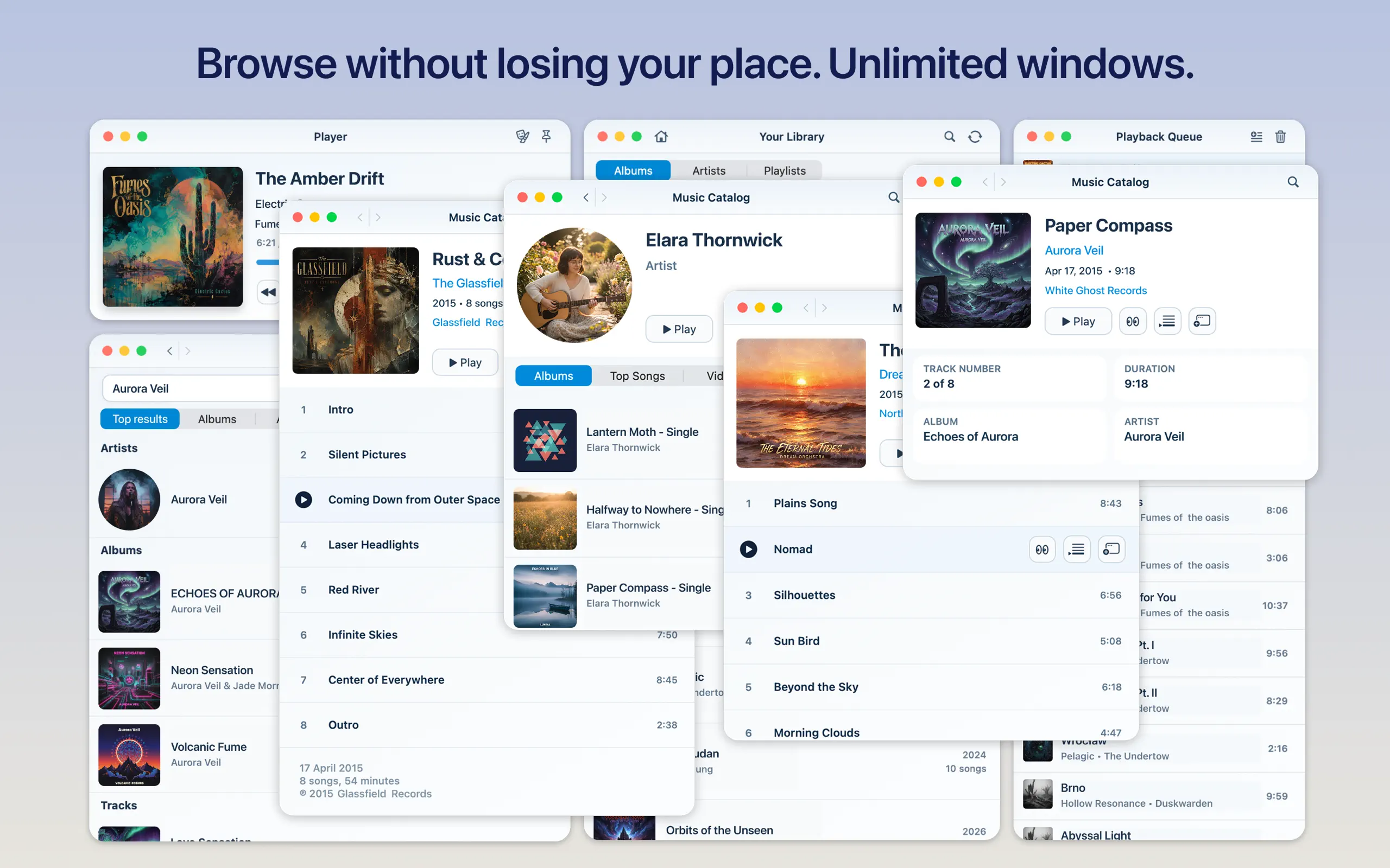 Multiple independent Foil catalog windows open alongside the player, library, and queue