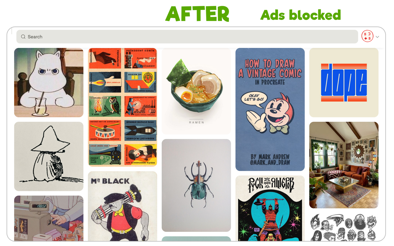 Pinterest feed after using the extension, showing a cleaner grid with ads blocked.
