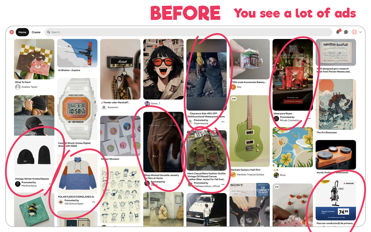 Pinterest feed before using the extension, showing multiple ads and promoted pins circled in red.