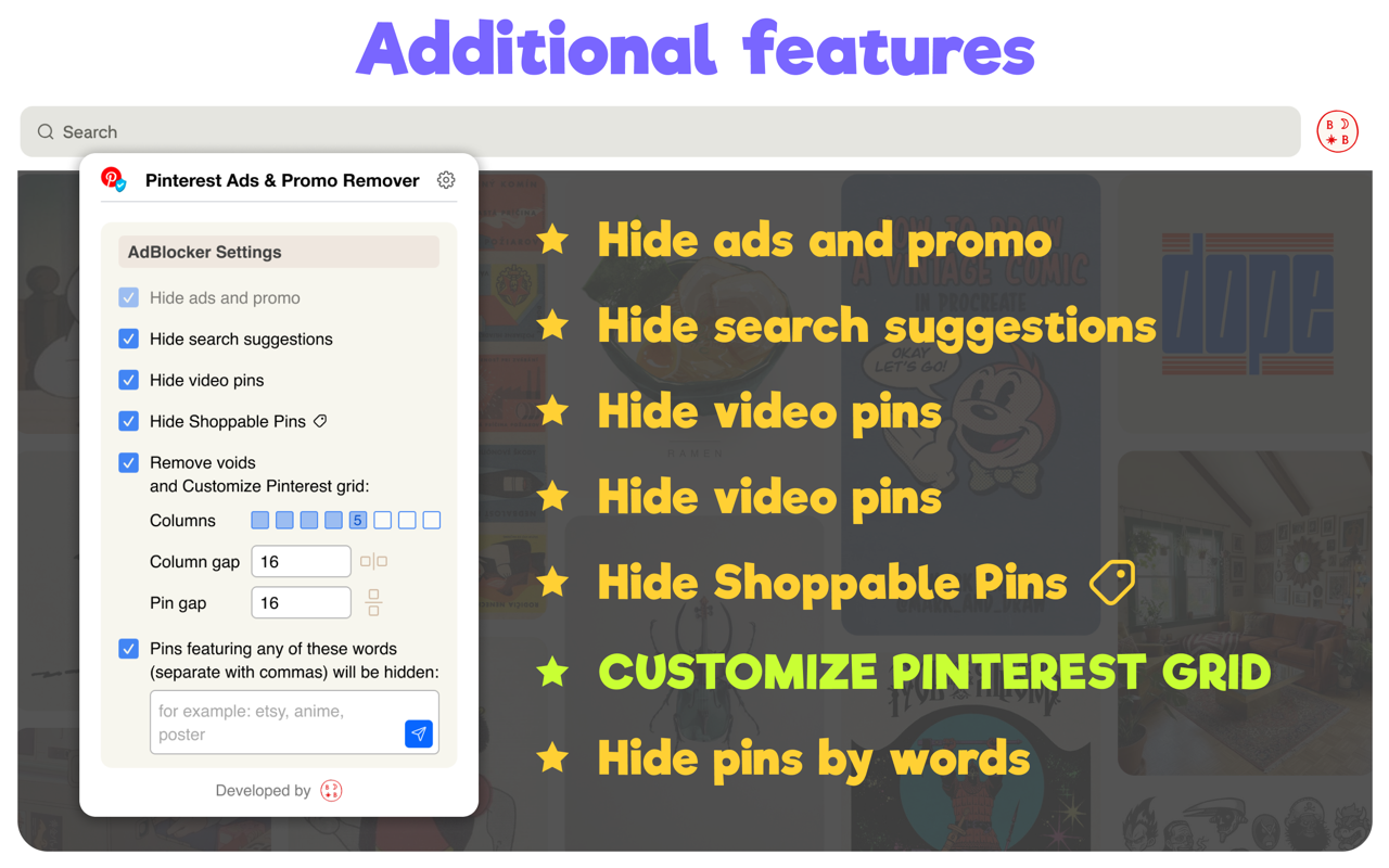 Pinterest Ads & Promo Remover settings panel with controls for ads, suggestions, video pins, shoppable pins, grid spacing, and keyword filters.