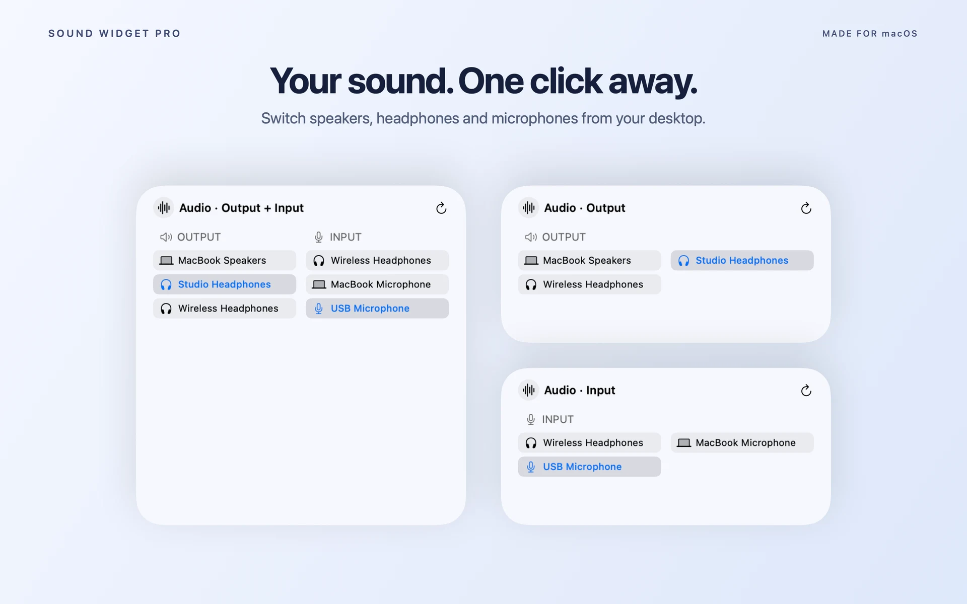 Output, Input and combined audio widgets showing connected speakers, headphones and microphones
