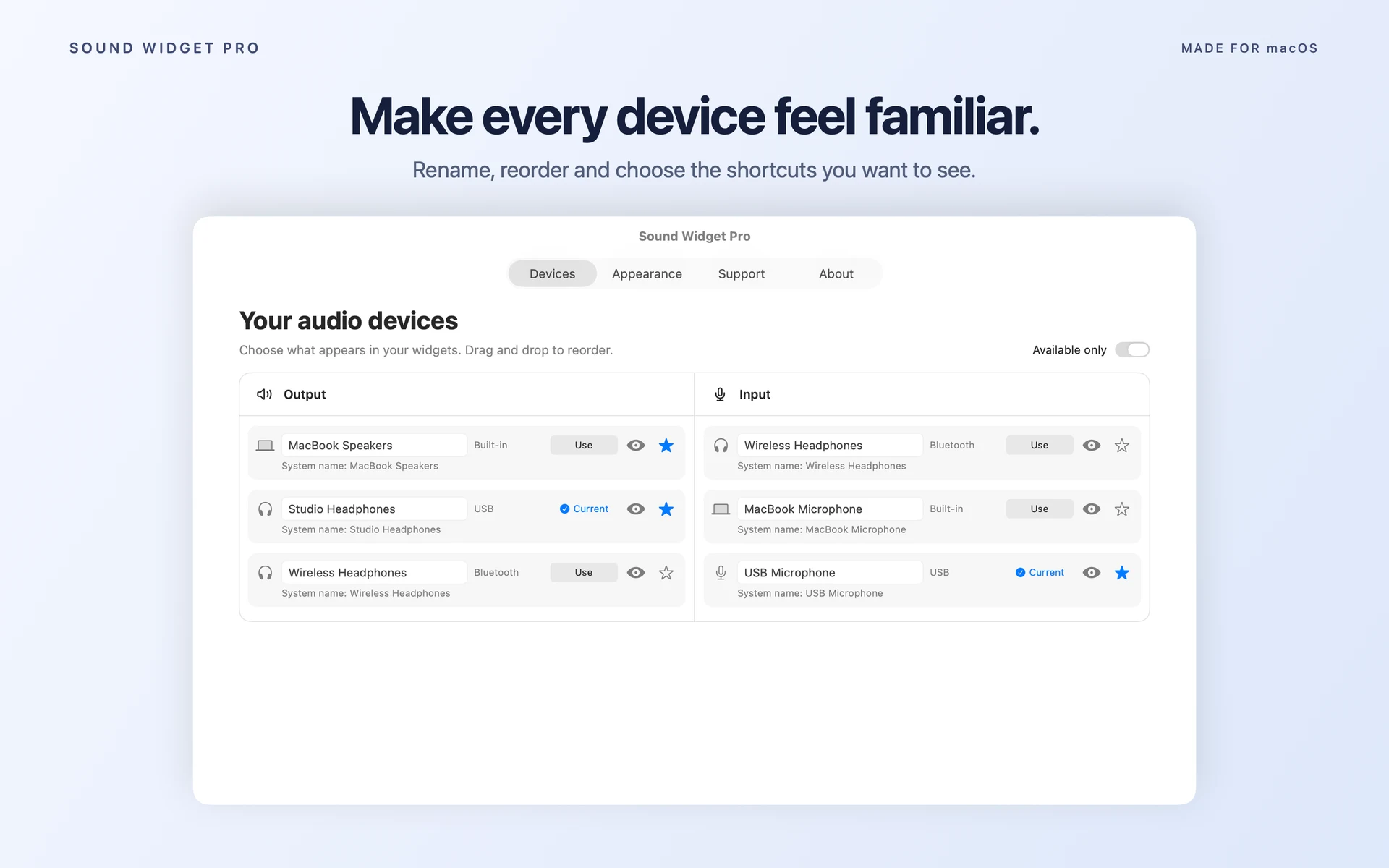 Sound Widget Pro device settings with custom names, visibility controls and favorites