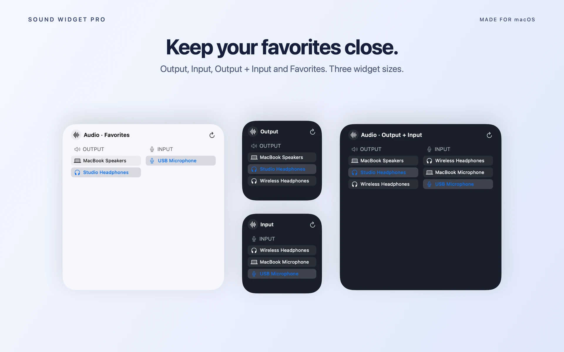 Favorites, Output, Input and combined widgets in small and large sizes